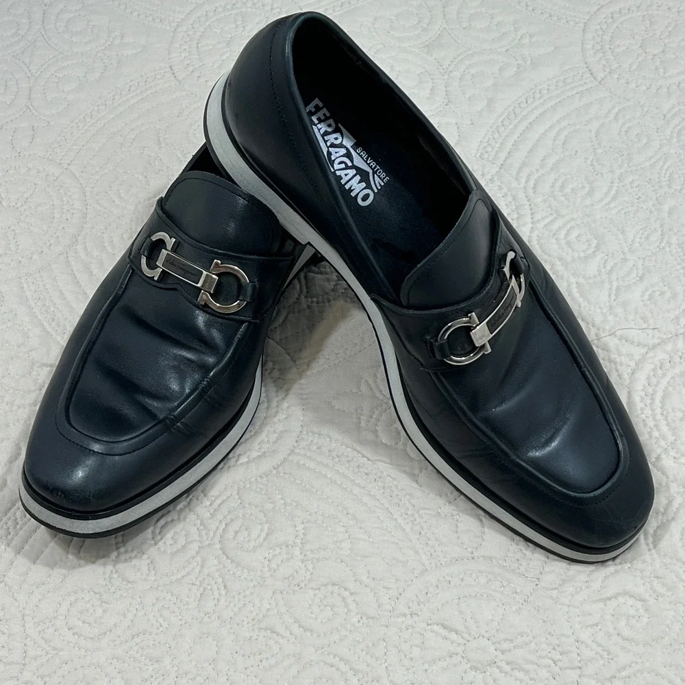 Salvatore Ferragamo Mens Black Gancini Bit Loafer White Platform Italy 10.5
